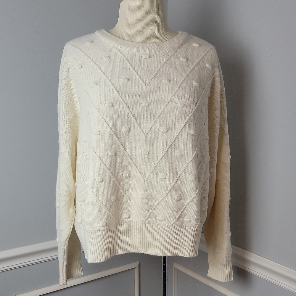 NEW YORK & COMPANY Cream Popcorn Pom Pom Cable‎ Knit Casual Crewneck Sweater L